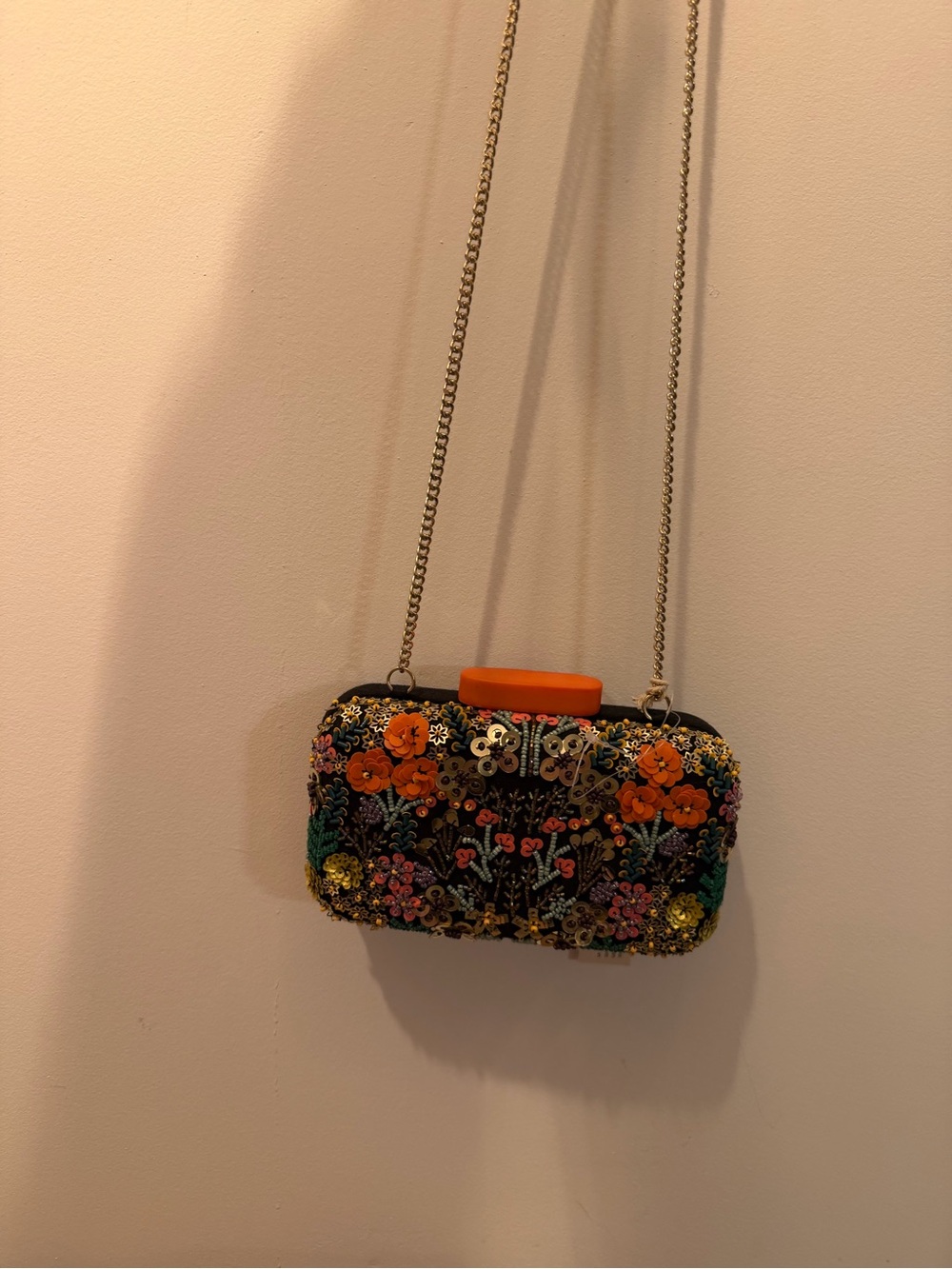 Beaded Floral Evening shoulder Bag in Black and Orange